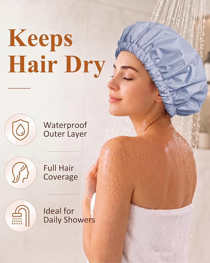 Edoneery Shower Caps for Women Reusable Waterproof, Shower Hair Cap | Washable Bonnet, Wide Elastic Band, Large Fit, Holds Long Hair, Braids Friendly, Bath Accessories, Spa, Travel