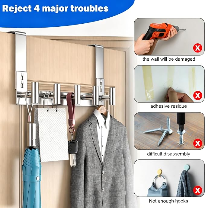 PMMASTO Over The Door Hooks, Fits 1-3/4" Thick Door No Drill Hooks for Closet Bathroom Bedroom Organization, Hanger for Coat Towel Robe (Polished Silver, 5 T-Hooks)