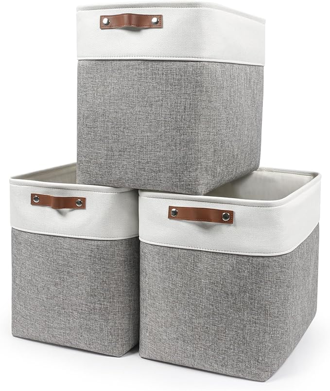 Bagnizer Large Fabric Storage Baskets | 50L Storage Bins, Decorative Linen Closet Baskets with Handles for Organizing, Shelf, Toys, Clothes, Home, Office, Nursery, 17x12x15Inches (Grey&White)