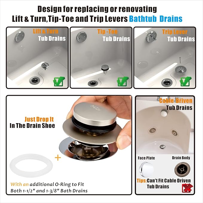 Artiwell Universal Tip Toe Bath Drain Stopper and Cover, Bathtub Drain Stopper, Replaces Lift and Turn, Tip-Toe and Trip Lever drains for Tub, EZ Installation and Clearing (Brushed Nickel)
