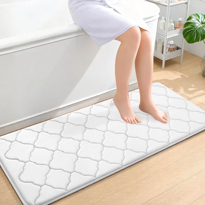 OLANLY Memory Foam Bath Mat Rug 47x20, Ultra Soft Bathroom Rugs, White | Thick Absorbent Carpet, Non-Slip Backing, Machine Washable, for Bathroom Floor, Tub, Shower and Home Decor Accessories