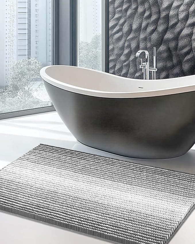 Large Chenille Bathroom Rugs, 24x43 Striped Bath Mats, Grey | Non Slip Backing, Extra Soft Absorbent, Quick Dry Machine Washable, Shower Rug for Bathroom Floor, Tub, Bedroom Decor
