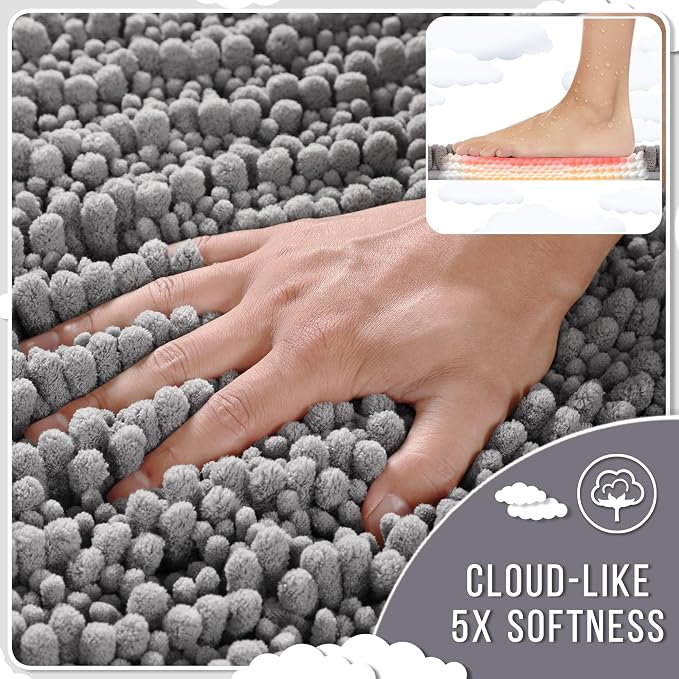 Yimobra Bathroom Rugs Sets 2 Piece - Quick Dry Extra Thick Luxury Chenille Bath Mat, Non Slip Super Absorbent for Tub Shower Sink, Machine Washable Shaggy Floor Mat, 24"x17+24"x20" Inch, Grey