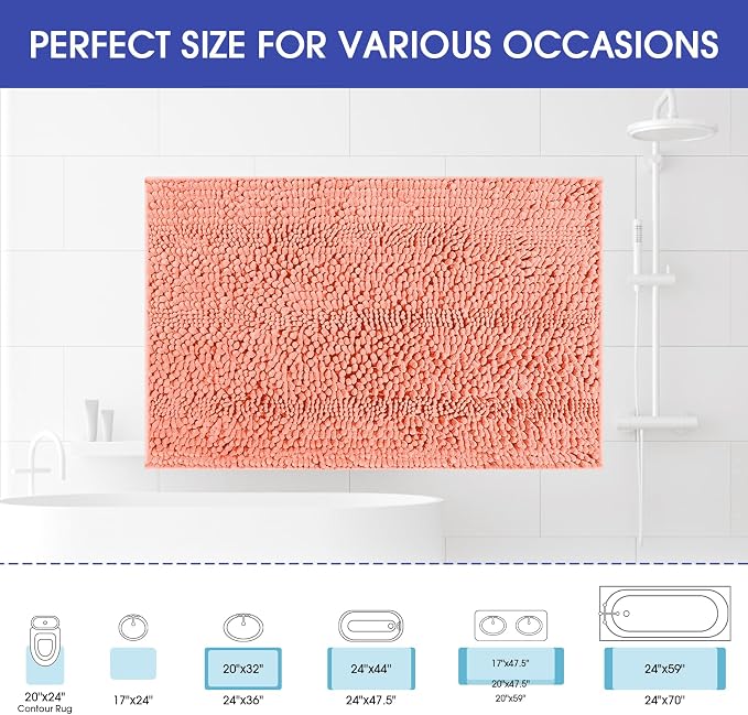 ACCUMTEK Striped Coral Bathroom Rug Mat 32"x20" Ultra Soft, Non Slip Chenille Bath Rugs, Absorbent Plush Shaggy Bath Mats for Bathroom, Bedroom, Kitchen, Shower, Tub