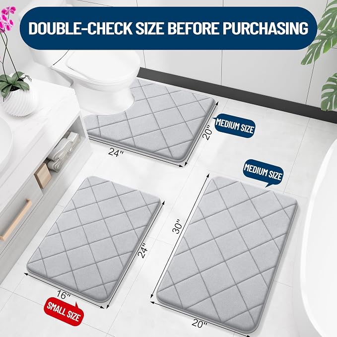 OLANLY Memory Foam Bath Mat 36x24, Ultra Soft and Absorbent Bathroom Rugs | Light Gray, Quick Dry, Machine Washable Shower Bath Rugs, Comfortable Bath Carpet for Bathroom Floor, Tub and Shower