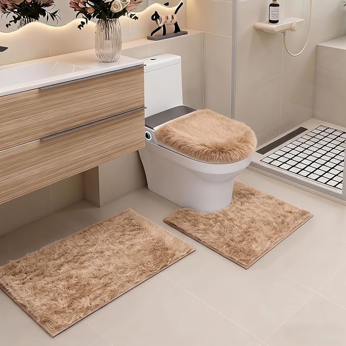 RUN HELIX Shaggy Bathroom Rugs Sets 3Piece Bath Mat for Bathrom Non-Slip Bathrom Mats Water Absorbent Bath Rug Floor Mats Soft Washable Shower Rug with U-Shaped Contour Rug Toilet Lid Cover Brown