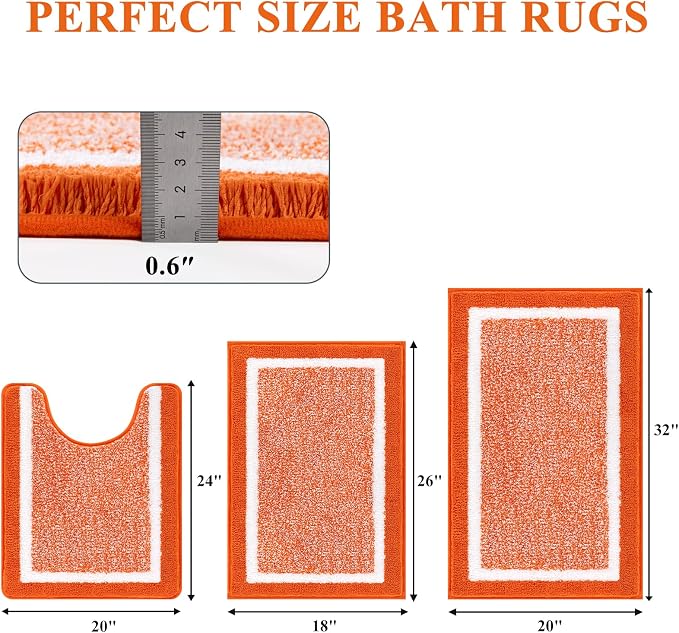 Pauwer 3 Piece Bathroom Rug Set, Non Slip Washable Bath Mat, Orange | Soft Plush Microfiber, Super Absorbent Floor Carpet, U Shaped Toilet Mats, Quick Dry, Shaggy Shower Rugs Runners