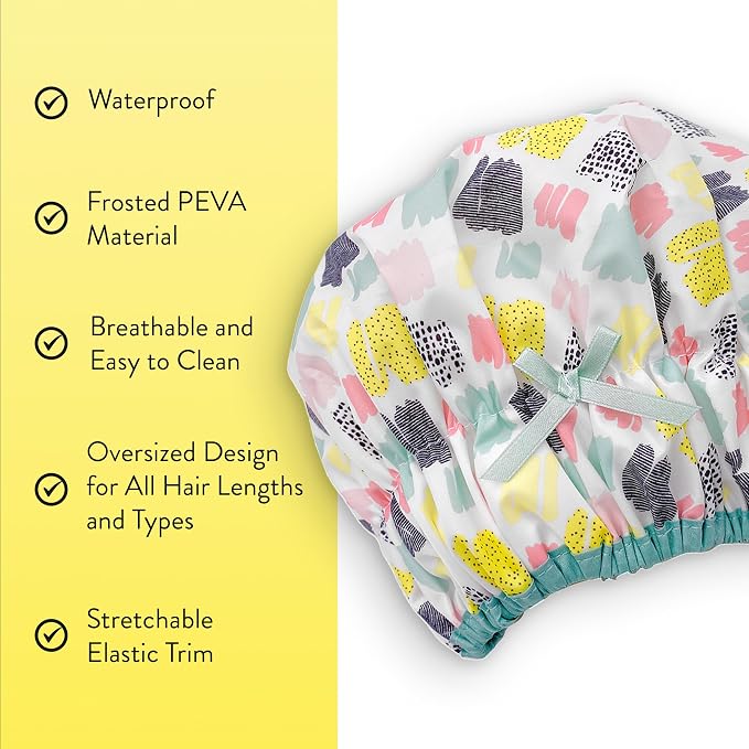 Betty Dain Fashionista Reusable Shower Cap, Living Color | Oversized Waterproof PEVA Lined Bath Cap for All Hair Lengths, Elastic Stretch Hem Hair Hat
