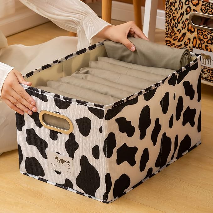 ANMINY 2PCS Fabric Storage Bin Cow Print Cotton Linen Foldable Open Storage Basket Box with Handles PP Plastic Board Label Window Pocket Decorative Washable Closet Shelf Organizer Container - Large