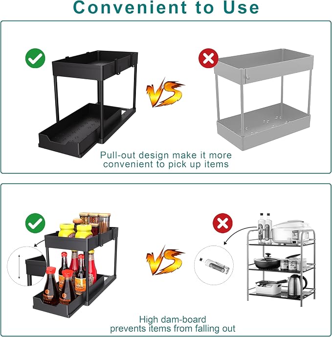 MEAFBIRD 2 Pack Under Sink Organizer, 2 Tier Bathroom Cabinet Organizer with Sliding Basket, Multi-Purpose Under Sink Organizers and Storage for Bathroom Kitchen (Black 2 Pack)