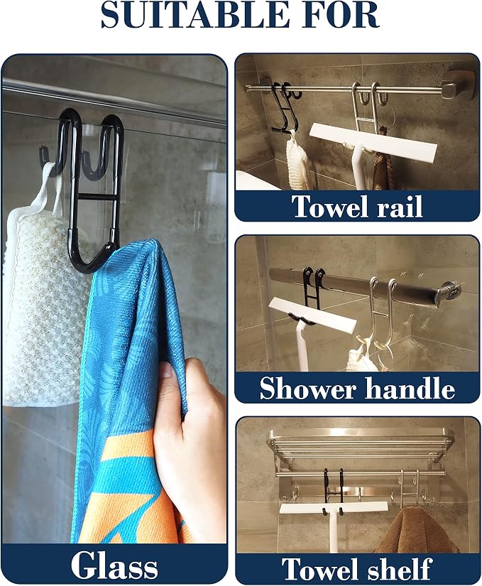 NACETURE Double Shower Door Hooks - Shower Hook Over The Door Towel Hook for Frameless Glass, Bathroom Hooks for Squeegee Rack, Robe, Organize (Black 2 Pack)