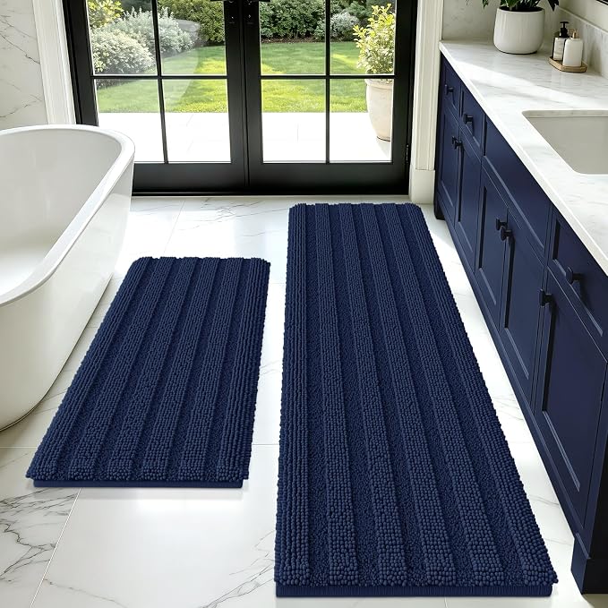 ACCUMTEK Striped Navy Blue Bathroom Rug Mat Set 2 piece 32"x20"+60"x20" Ultra Soft, Non Slip Chenille Bath Rugs, Absorbent Plush Shaggy Bath Mats for Bathroom, Bedroom, Kitchen, Shower, Tub