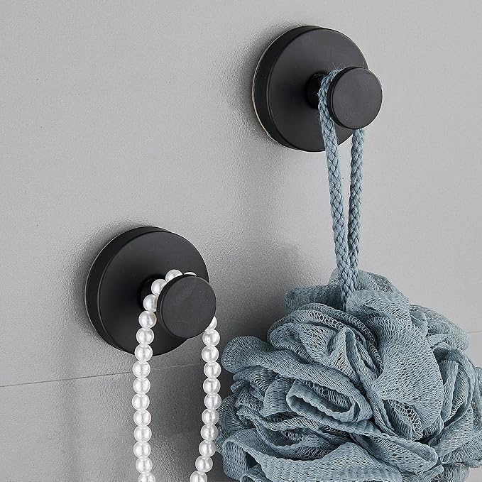 Suction Cup Hooks for Shower, Wreath Hangers for Front Door, Glass Door & Window - Strong Towel, Bath Robe, Loofah Hook Holder for Hanging up to 15 lbs - Waterproof (Black, 2 Pack)