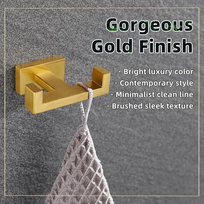 APLusee Double Robe Towel Hook Brushed Dark Gold, 304 Stainless Steel Bathroom Hand Towel Holder, Clothes Wall Hanger for Toilet Kitchen Cabinet