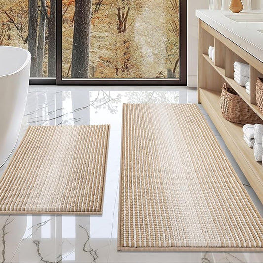 Bathroom Rugs Sets 2 Piece, Non Slip Boho Bath Mats, Beige | 20"x47" Plus 16"x24", Soft Absorbent Striped Chenille, Quick Dry Machine Washable, Shower Rug for Bathroom Bedroom Décor