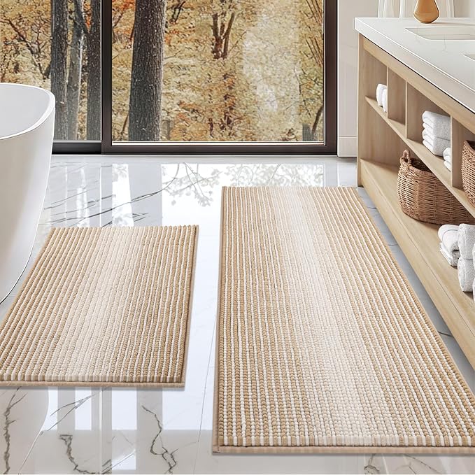 Bathroom Rugs Sets 2 Piece, Non Slip Boho Bath Mats, Beige | 20"x47" Plus 20"x32", Soft Absorbent Striped Chenille, Quick Dry Machine Washable, Shower Rug for Bathroom Bedroom Décor