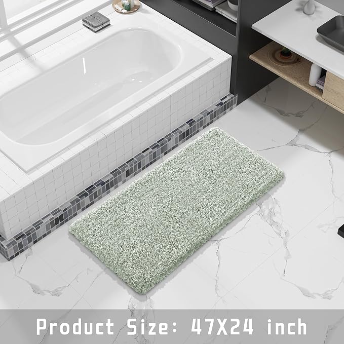 Yimobra Luxury Bathroom Rugs, Fluffy Bath Mats, Non Slip, Water Absorbent Microfiber, Machine Washable, Plush Runner Shower Rugs, Thick Matts for Bathroom Floor&Tub, 47" X 24", Light Green and White