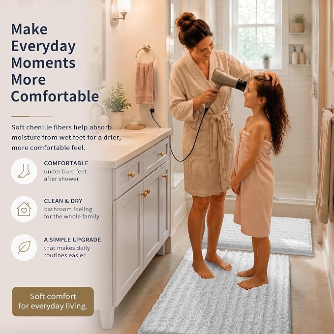 Yimobra Bathroom Rug Set 3 Piece, Super Water Absorbent Bath Mat Set, White | Quick Dry Soft Chenille Bath Rugs & Toilet Rug, Non Slip Machine Washable, Extra Thick Shaggy Floor Mat for Shower Tub Sink