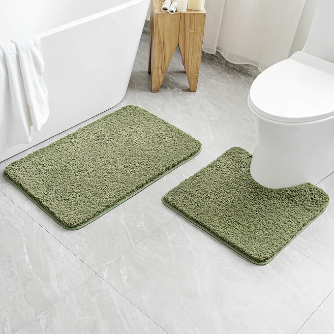 MIULEE Sage Bathroom Rugs Set 2 Piece Soft Bath Mats 20x20+20x32 Inch | Absorbent Microfiber Bath Mat and U-Shaped Toilet Rug, Non Slip, Quick Dry, for Bathroom Floor Tub Showers, Machine Washable