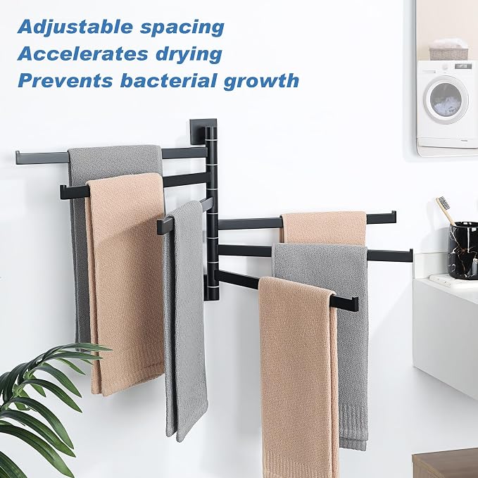 Alise Swivel Towel Rack, 6-Arm Towel Bar, Space Saving Towel Rack Wall Mount Drying Towel Holder, Swing Out Towel Holder for Bathroom Kitchen Toilet, Square SUS304 Stainless Steel, Matte Black