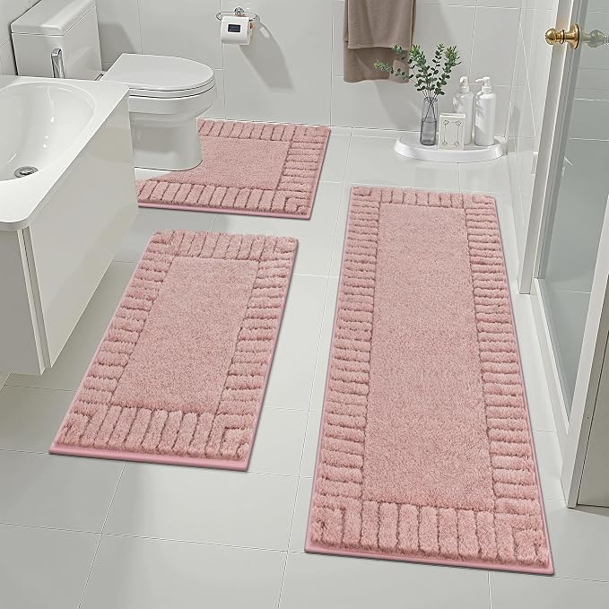 Pauwer Bathroom Rugs Sets 3 Piece, Microfiber Bath Mat Set, Dusty Pink | Non Slip Washable, Soft Plush, Extra Absorbent Bath Mats, U Shaped Contour Toilet Rug for Bathroom