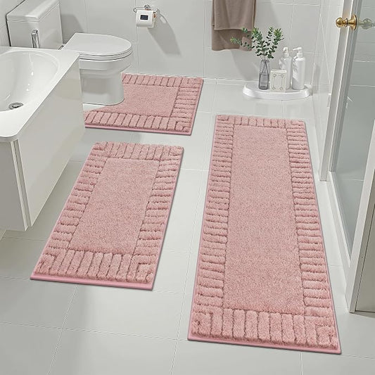 Pauwer Bathroom Rugs Sets 3 Piece, Microfiber Bath Mat Set, Dusty Pink | Non Slip Washable, Soft Plush, Extra Absorbent Bath Mats, U Shaped Contour Toilet Rug for Bathroom