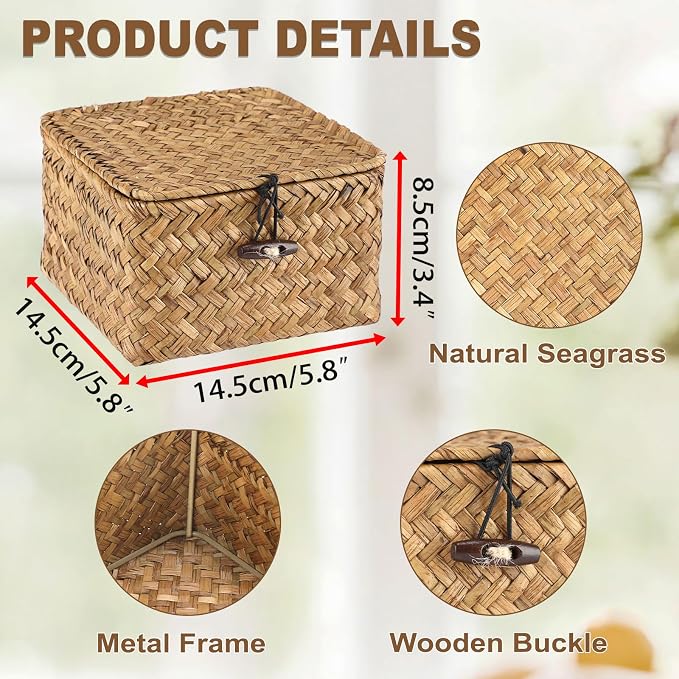 Hipiwe Wicker Shelf Baskets Bins with Lid Handwoven Seagrass Storage Basket Multipurpose Household Organizer for Shelves Home Decor, Caramel Color, X-small