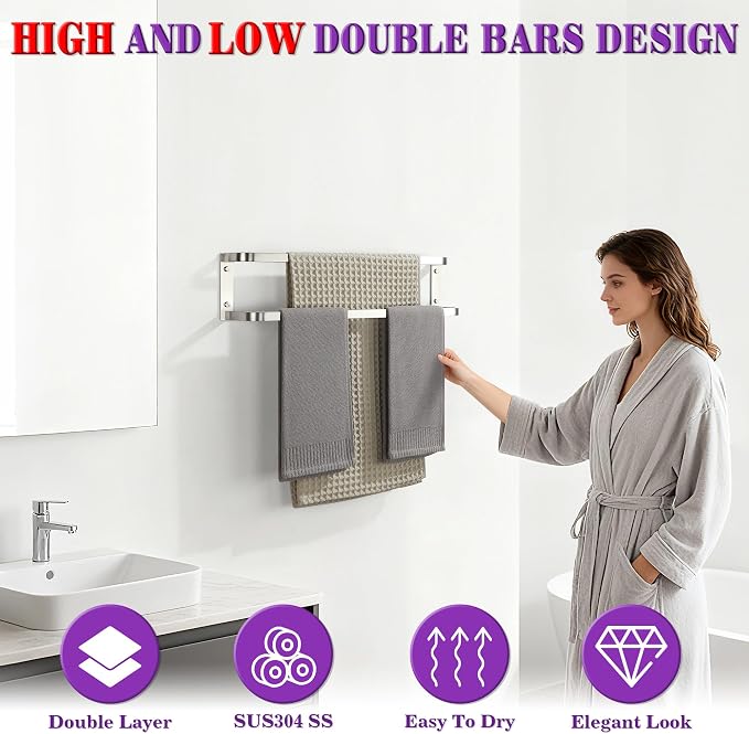 Alise Double Towel Bars for Bathroom,24 in Towel Holder Towel Racks for Bathroom Wall Mount,SUS304 Stainless Steel Double Towel Rail Towel Hanger for Walls,Brushed Nickel
