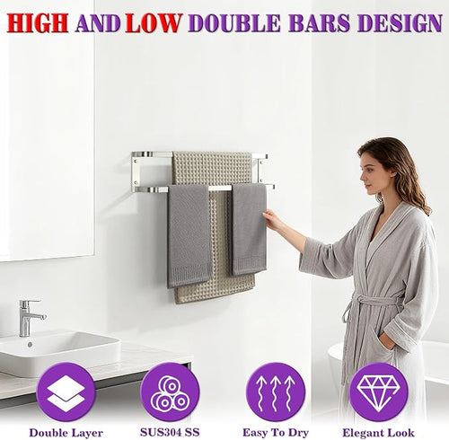 Alise Double Towel Bars for Bathroom,24 in Towel Holder Towel Racks for Bathroom Wall Mount,SUS304 Stainless Steel Double Towel Rail Towel Hanger for Walls,Brushed Nickel