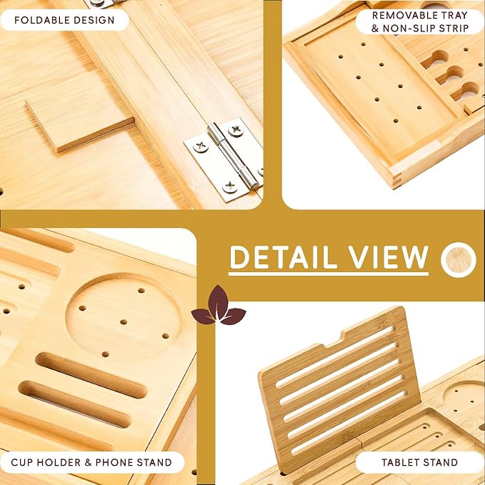 Premium Foldable Bamboo Bathtub Tray Caddy, Expandable Bath Caddy Tray with Holder, Natural Bath Shelf Over Tub, Spa Bathroom Accessories & Gifts for Home