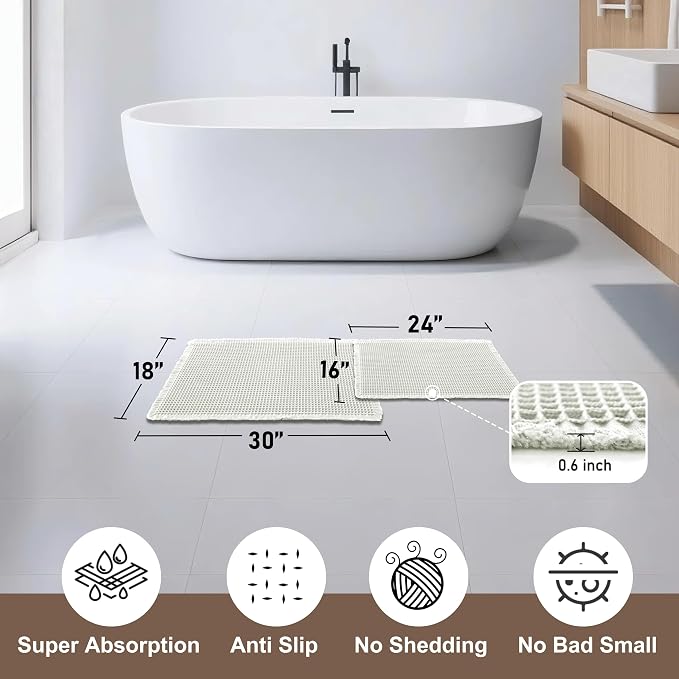 JIUZHEN Set of 2 Waffle Bath Mats Boho Bath Rugs 16"x24"+18"x30", Cream | Non Slip, Super Absorbent, Washable, Ultra Soft, Fast Drying Waffle Bathroom Rugs for Bathroom Floor, Tub, Shower