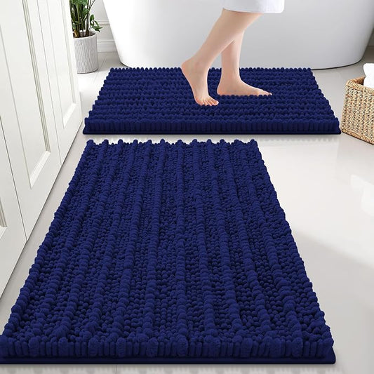 Smiry Bathroom Rugs Sets 2 Piece (30x20+24x16), Extra Soft Bath Mats | Navy Blue Soft Absorbent, Rubber Backing Machine Washable Quick Dry Chenille Bath Rug Set for Tub, Shower, and Floor