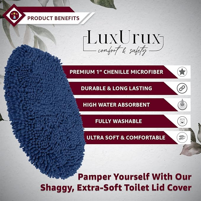 LuxUrux Toilet Lid Cover with Stretch Fit Elastic Band – Chenille Microfiber Toilet Seat Non-Slip Cover for Bathroom – Soft Plush, Machine Wash And Dry, Comfort & Clean Look (18 x 21'', Blue)