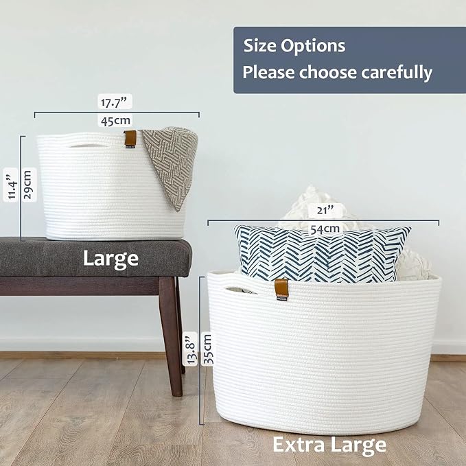 DENJA & CO Large Dog Toy Storage - White Woven Basket for Toys, Blankets, Pillows, or Laundry | Cotton Rope Basket (17.7" W x 11.4" T)