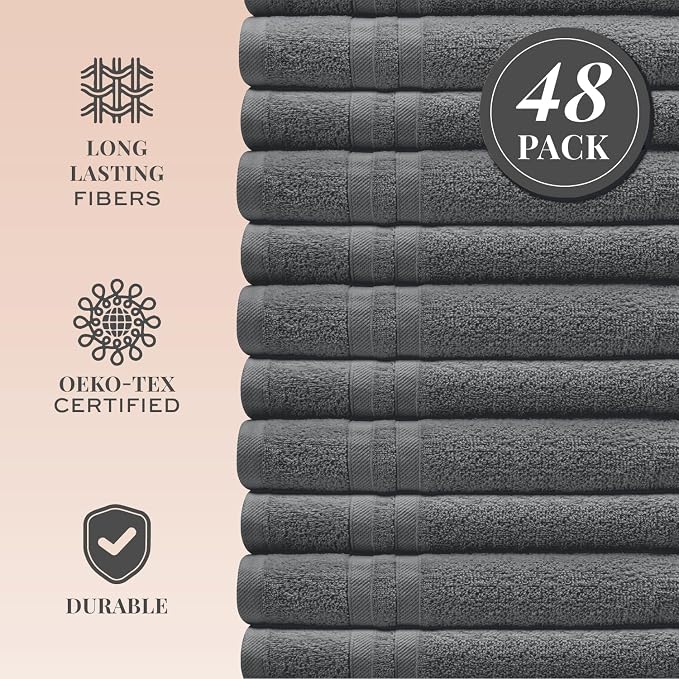 White Classic Wealuxe Dark Gray Washcloths 48 Pack - 600 GSM 100% Ring-Spun Cotton Wash Cloths for Showering, Highly Absorbent and Soft | 12x12 Inches