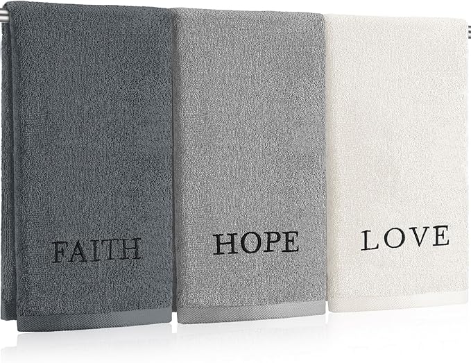 3 Pcs Hand Towels Bathroom Set,Gray,Faith Hope Love | Embroidered Cotton Farmhouse Towels, Kitchen Decor, Rustic Boho Decorative with Text Labels, Guest Bath Home