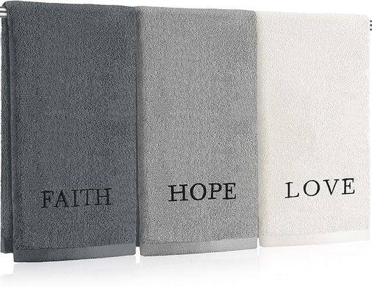 3 Pcs Hand Towels Bathroom Set,Gray,Faith Hope Love | Embroidered Cotton Farmhouse Towels, Kitchen Decor, Rustic Boho Decorative with Text Labels, Guest Bath Home
