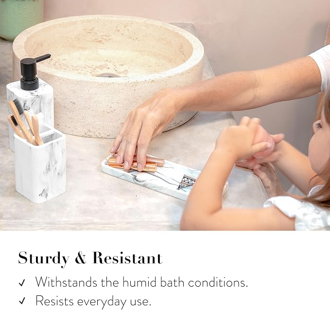 Bathroom Accessory Sets, 4 Pieces Bathroom Accessories Complete Set Vanity Countertop Accessory Set with Marble Look, Includes Lotion Dispenser, Toothbrush Holder and Tray (White Marble Look)