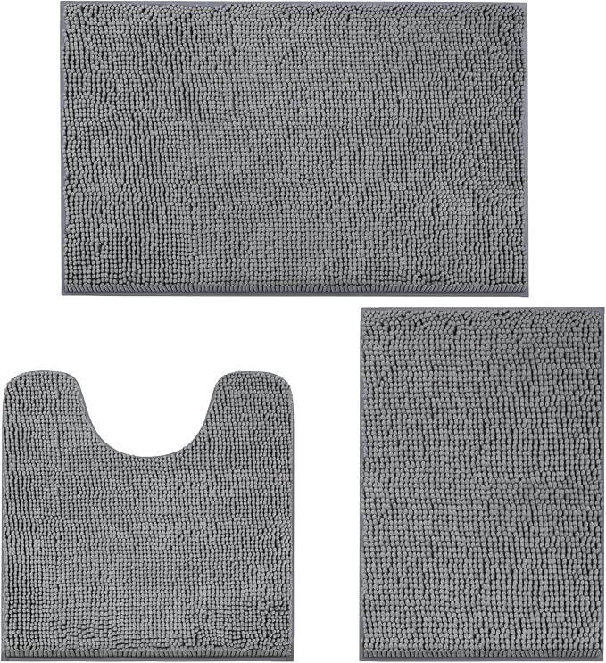 LINLA 3 Pieces Bathroom Rug Set, Absorbent Non Slip Chenille Bath mat | Absorbent Thick Plush Chenille Carpet Mats Set,Washable Dry Quickly with U-Shaped Toilet Mat for Tub, Shower
