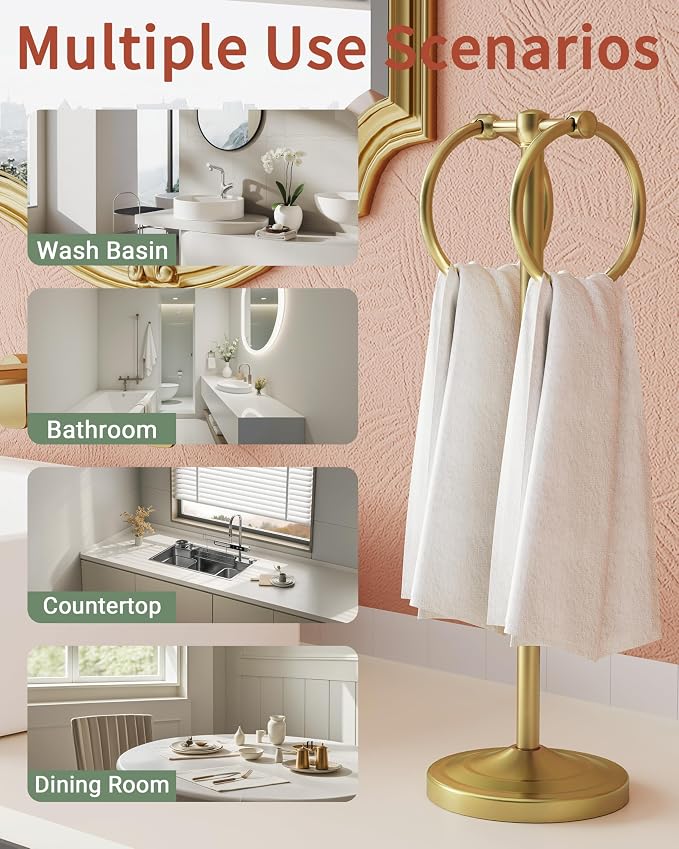 18" Hand Towel Holder Stand, Stainless Steel Free Standing Towel Rack Bar,Double Ring Towel Hanger with Weighted Base, Towel Hardware for Bathroom Vanity Kitchen Countertops(Brushed Gold)