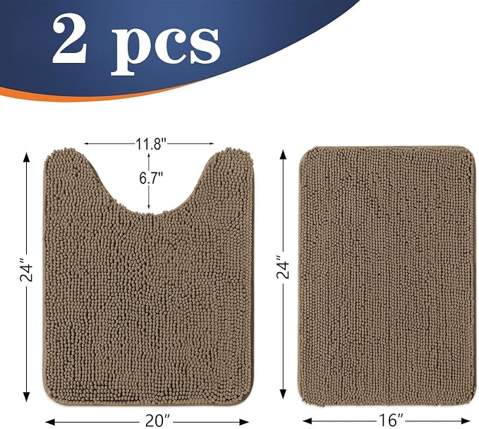 OLANLY Chenille Bathroom Rugs Mats Sets 2 Piece, 24"x16"+24"x20", Tan | Soft Absorbent Bath Mat and U-Shaped Contour Toilet Rug Set, Quick Dry, Machine Washable Bath Carpet, Home Decor Accessories