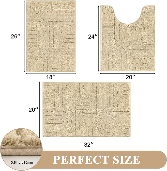 Vaukki Beige Bathroom Rugs Sets 3 Piece, 32x20+26x18+24x20 Inch | Washable Non Slip Soft Bath Mats for Shower and Tub, Plush Absorbent Microfiber Toilet Rug U Shaped