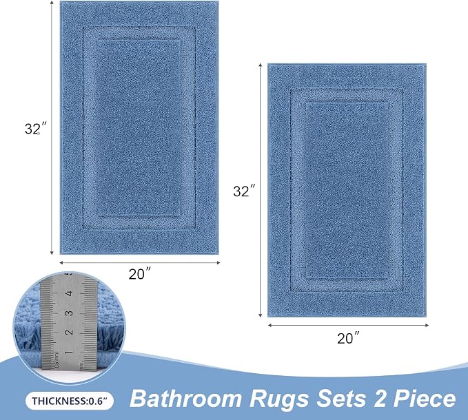 SHACOS Soft Microfiber Blue Bathroom Rugs Sets 2 Pieces 32x20 inch | Absorbent Plush Bath Rugs, Non Slip Washable Shaggy Bath Mats, Fluffy Bathroom Runner Floor Mats Shower Rug