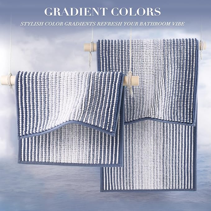 BSICPRO Bathroom Rugs Sets 2 Piece, Non Slip Striped Bath Mats, Denim Blue | 20"x47" Plus 16"x24", Soft Absorbent Chenille, Quick Dry Machine Washable, Shower Rug for Bathroom Floor, Tub, Bedroom Decor