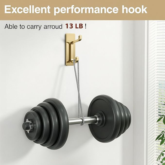 Self Adhesive Wall Hooks for Hanging: Extra Strong 13 LB, Hook for Coat, Towel in Bathrooms, Shower, Kitchen, Wall, Door Hook, Brushed Gold 4 Pack