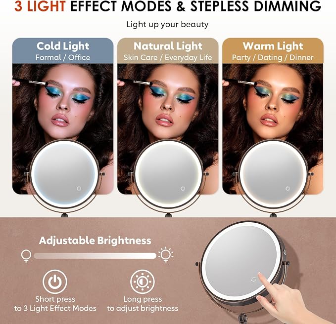 IMIKONA 9" Wall Mounted Lighted Makeup Mirror,4000mAh Rechargeable Double Sided 1X/10X Magnifying Mirror with Light,3 Color Lights,Touch Dimmable,Extended Arm 360 Rotation Wall Mounted Makeup Mirror