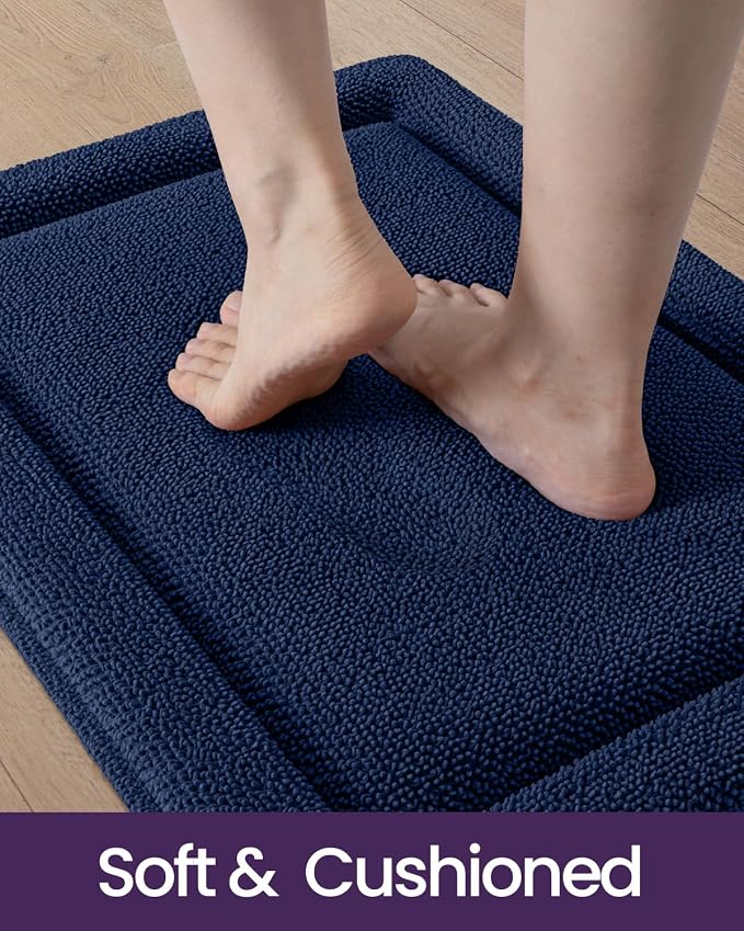 DEXI Memory Foam Bath Mat 32x20, Thick Chenille Bathroom Rug, Navy | Ultra Soft Absorbent, Non Slip Quick Dry, Cushion Plush Bath Carpet for Tub Shower, Sink