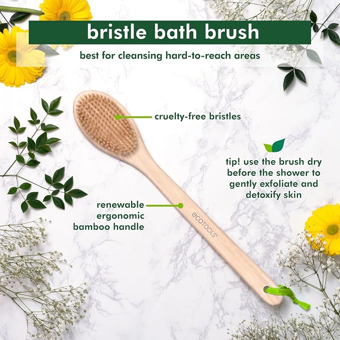 EcoTools Bristle Bath Brush, Shower Body Brush with Gentle, Stiff Bristles, Long Bamboo Handle, Gently Exfoliating for Back & Body, Stimulates Blood Circulation, Eco-Friendly, 1 Count (Pack of 2)