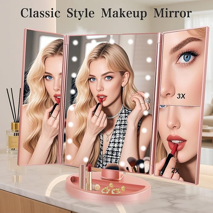 Flymiro Tri-fold Lighted Vanity Makeup Mirror with 3x/2x Magnification,Light up Mirror for Makeup,Touch Screen 21 LEDs,180° Rotation Countertop Cosmetic Mirror,Gifts for Women Mom Teen Girls