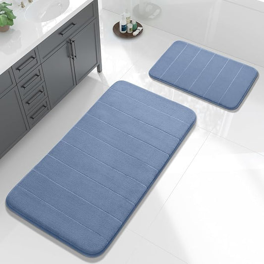 Yimobra Large Bath Mat Set 2 Piece- Super Soft Absorbent Quick Dry Memory Foam Bathroom Rugs, Machine Washable Non Slip Floor Carpet for Tub Shower & Double Vanity (17x24 & 44x24, Denim Blue)